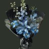 Full dyed blue lilies with blue delphinium, gerbera, eryngium, blue star flowers, silver mist foliage, and black wrapping