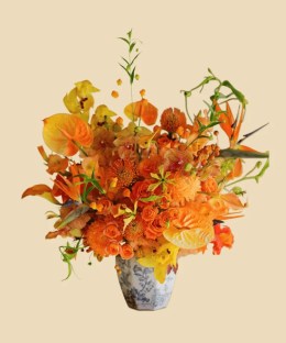 Full orange anthurium, bird of paradise, pincushion protea, roses, orchids, ranunculus, berries, and curling greens