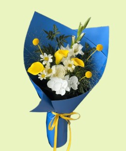 Full yellow calla lilies and craspedia with white roses, gladiolus, phalaenopsis orchids, and blue wrapping