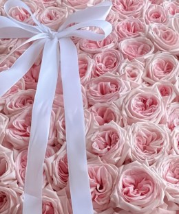 lose-up detail of blush pink roses and a white satin ribbon on a rose basket arrangement.