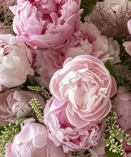 Close-up of abundant pink peonies with misty pink filler and white flower spikes in a woven basket
