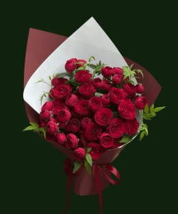 Burgundy red roses with greenery in layered wine and white wrapping