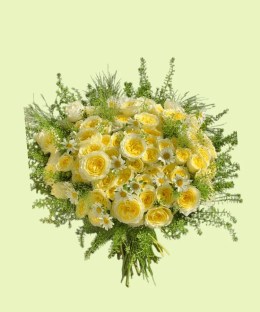 Full butter-yellow garden roses with cream roses, chamomile daisies, fountain grass, and fresh foliage