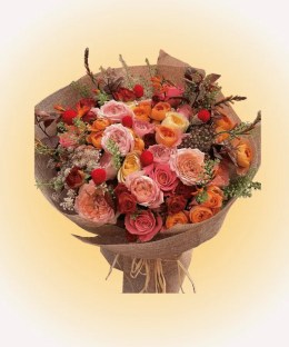 Caramel Garden Rose Bouquet with peach and caramel garden roses with orange spray roses