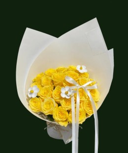 Fresh yellow roses with small white floral accents, white wrapping, and flowing ribbon.