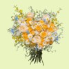 Full apricot roses, yellow ranunculus, white-yellow iris, oncidium orchids, chamomile, blue tweedia, and white delphinium