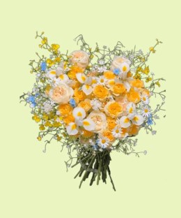 Full apricot roses, yellow ranunculus, white-yellow iris, oncidium orchids, chamomile, blue tweedia, and white delphinium