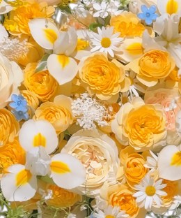 Close-up detail of apricot roses, yellow ranunculus, white-yellow iris, oncidium orchids, chamomile, blue tweedia, and white delphinium