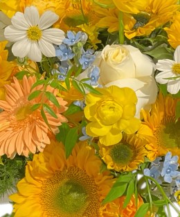 Close-up of sunflowers, orange gerbera, yellow roses, ranunculus, white daisies, blue flowers and violet accents