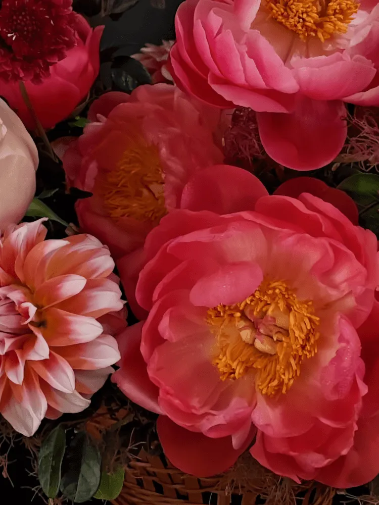 Close-up of coral peonies, blush garden roses, pink-orange dahlias, scabiosa, dark carnations, and burgundy foliage in a basket