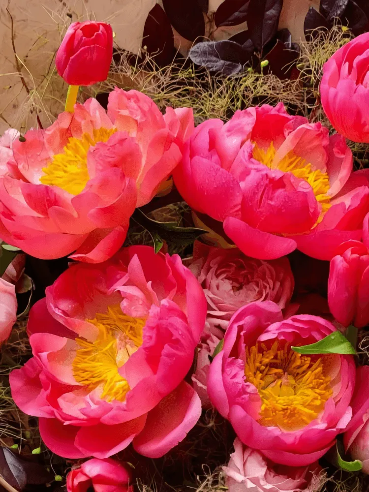 Close-up of coral peonies, blush garden roses, red tulip buds, purple allium buds, and dark smoky foliage