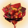 Crimson Celebration Grande Bouquet with red lilies, red roses, and orange pincushion protea