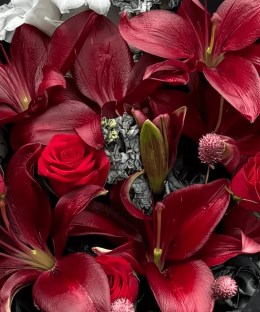 Close-up detail of burgundy lilies and red roses with white gladiolus, silver dusty miller, pink round accents, and black wrapping