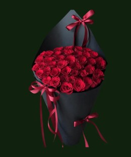 Crimson roses in tall black wrapping with red and black ribbon bows