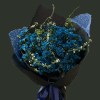 Full a dense bouquet of dyed deep-blue Australian waxflower with delicate white flowering branches and black wrapping