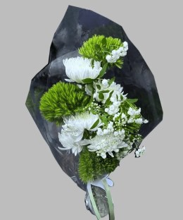 Green Trick dianthus with white chrysanthemums and airy white filler flowers in black wrapping
