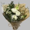 White chrysanthemums, ranunculus, green gladiolus, waxflower, and asparagus fern memorial bouquet