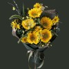 Full multiple sunflowers with yellow daisies, green foxtail grass, white Ammi, yellow oncidium, and dark forest wrapping
