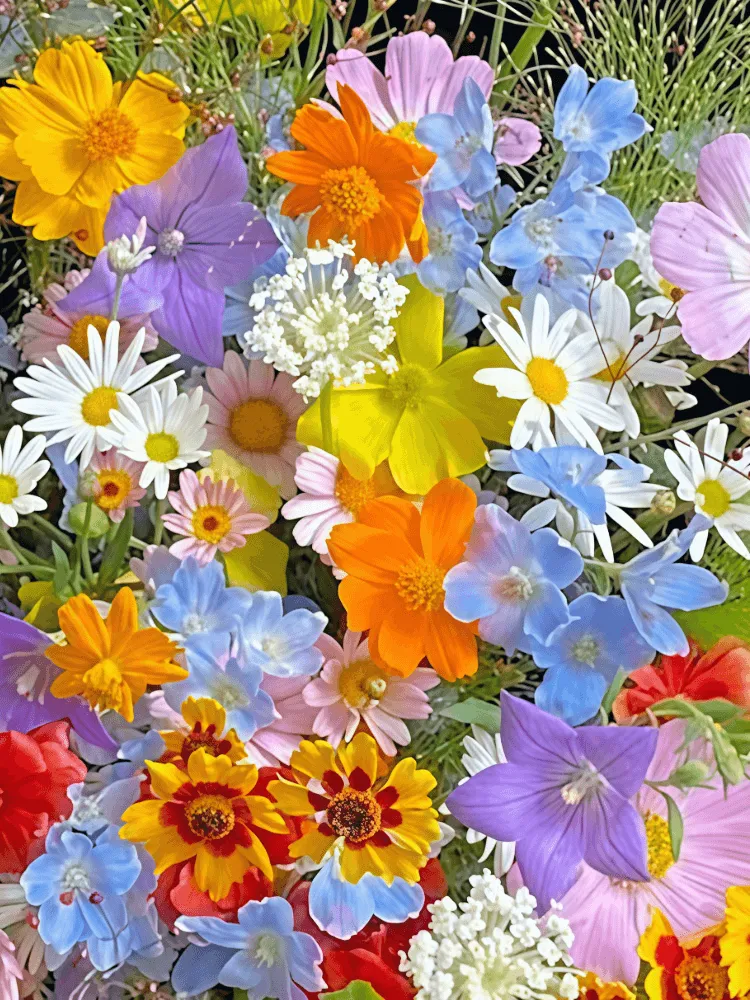 Close-up detail of multicolour cosmos, red and orange poppies, blue delphinium, daisies, purple bells, and airy meadow flowers
