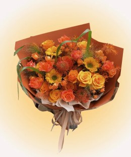 Golden Fire Sunflower & Pincushion protea Bouquet with sunflowers, yellow roses, orange roses
