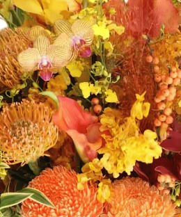 Close-up of golden cymbidium orchids, orange pincushion protea, chrysanthemums, anthurium, berries, and gilded foliage in porcelain