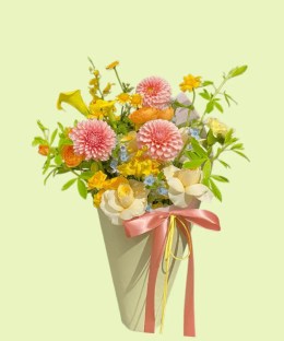 Full pink pompon dahlias, cream roses, orange ranunculus, yellow calla lily, oncidium, and blue tweedia