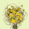 Full yellow craspedia and daisies with German chamomile, Queen Anne's lace, and curling willow branches