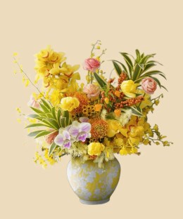 Full yellow cymbidium, peach ranunculus, blush phalaenopsis, pincushion protea, oncidium, berries, and striped foliage in porcelain