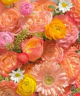 Close-up of peach dahlias, grapefruit garden roses, blush gerbera, yellow ranunculus, white daisies and red gomphrena
