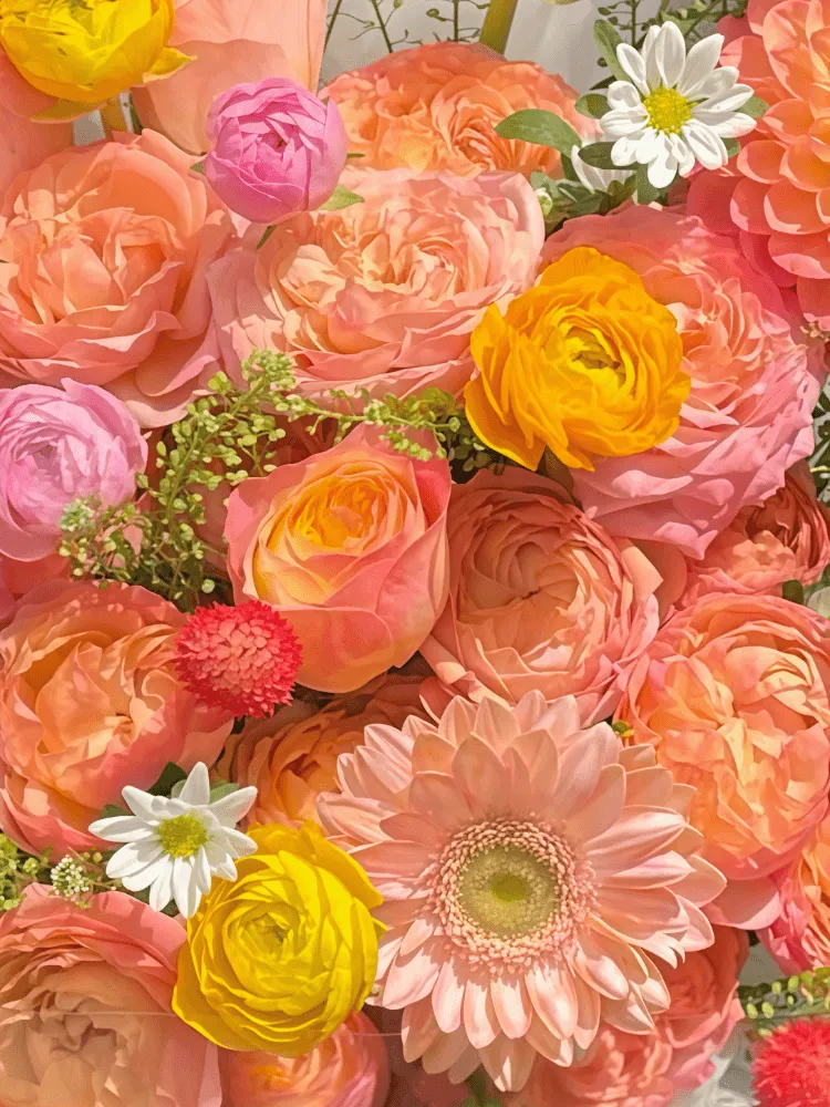 Close-up of peach dahlias, grapefruit garden roses, blush gerbera, yellow ranunculus, white daisies and red gomphrena