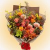 Harvest Festival Dahlia Bouquet with orange garden roses, peach-orange dahlias, and burgundy cymbidium orchids