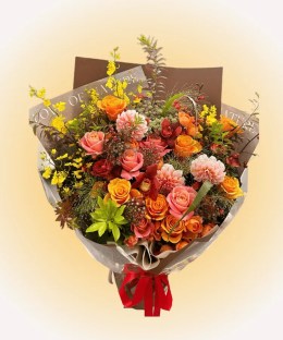 Harvest Festival Dahlia Bouquet with orange garden roses, peach-orange dahlias, and burgundy cymbidium orchids