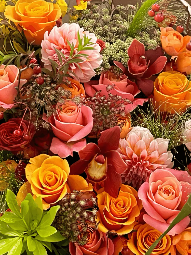 Close-up of orange garden roses, peach-orange dahlias, and burgundy cymbidium orchids in the Harvest Festival Dahlia Bouquet