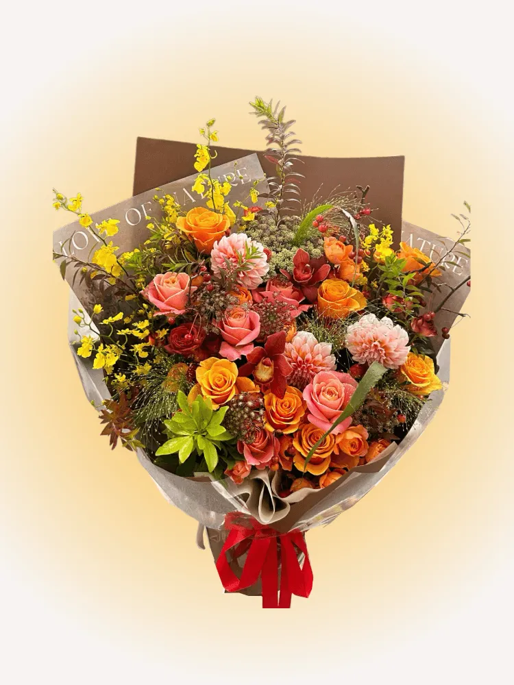 Harvest Festival Dahlia Bouquet with orange garden roses, peach-orange dahlias, and burgundy cymbidium orchids
