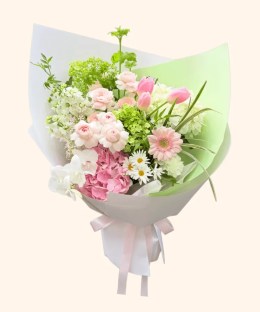 Full pink roses, tulips, gerbera, hydrangea, white phalaenopsis, daisies, and green viburnum