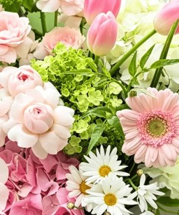 Close-up of pink roses, tulips, gerbera, hydrangea, white phalaenopsis, daisies, and green viburnum
