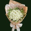 Ivory roses with delicate white accents, greenery, and a lace ribbon bow
