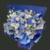Full gradient blue roses, blue hydrangea, blue-white gerbera, lisianthus, baby's breath, and blue ping-pong chrysanthemums