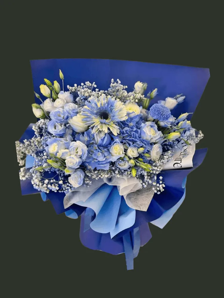 Full gradient blue roses, blue hydrangea, blue-white gerbera, lisianthus, baby's breath, and blue ping-pong chrysanthemums