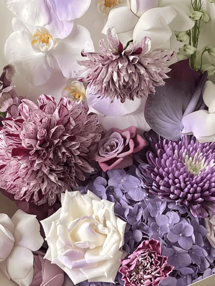 Close-up of lavender phalaenopsis orchids, striped dahlias, hydrangea, garden roses, chrysanthemums, and dark purple accents