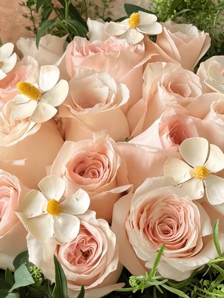 Close-up of pale pink rose blooms and delicate garden-style texture