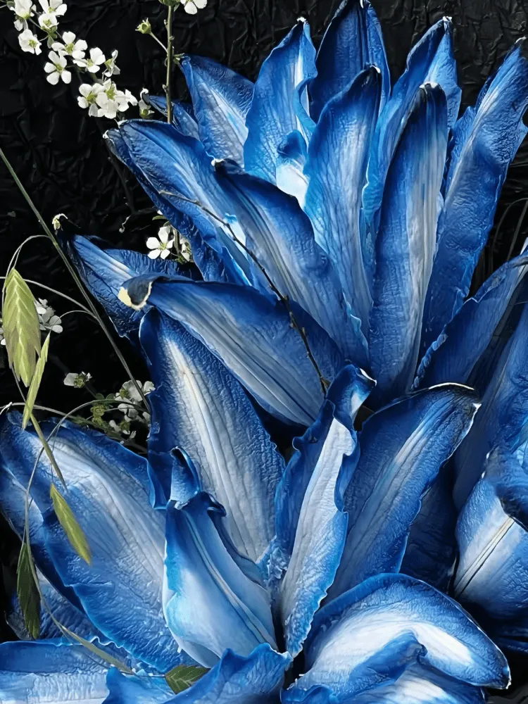 Close-up detail of cobalt and ice-white dyed Oriental lilies with white flowering branches, dark fern, and black textured wrapping