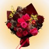Midnight Peony & Dahlia Bouquet with fuchsia peonies, red roses, and deep burgundy dahlias