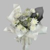 Monochrome bouquet with white and charcoal chrysanthemums, carnations, orchid, and daisies