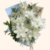 Full double white lilies, white gladiolus, ivory line flowers, lace flower, and fresh green foliage