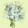 Full white calla lilies, white campanula and freesia, pale-blue delphinium, and fine fountain grass