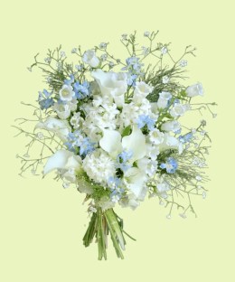 Full white calla lilies, white campanula and freesia, pale-blue delphinium, and fine fountain grass