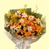 Full orange spray roses, white cosmos, white seasonal bulb flowers, yellow oncidium and misty green grass