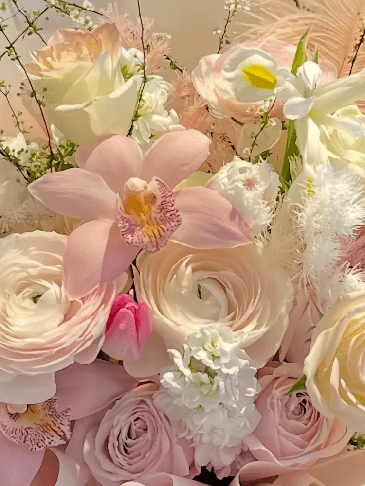 Close-up of blush ranunculus, pink orchids, cream roses, white line flowers, gerbera, tulip, and feathers