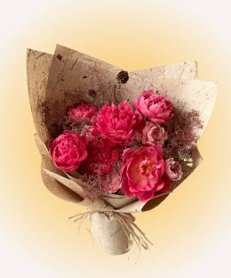 Peony Fairy Bouquet with pink peonies, dusty blush roses, purple allium-like spherical flowers